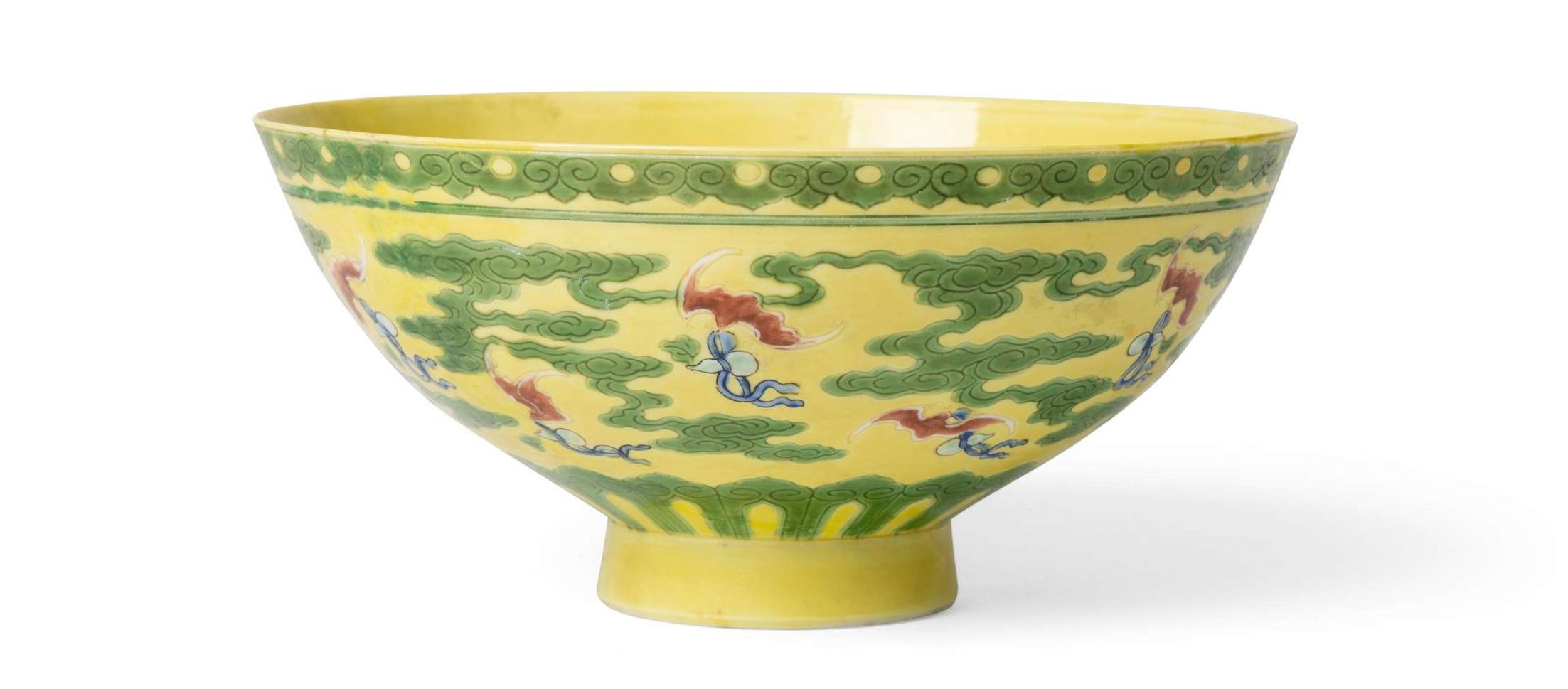 RARE POLYCHROMED YELLOW-GROUND 'NINE-BATS' BOWL QING DYNASTY, YONGZHENG MARK AND OF THE PERIOD Sold for £30,200