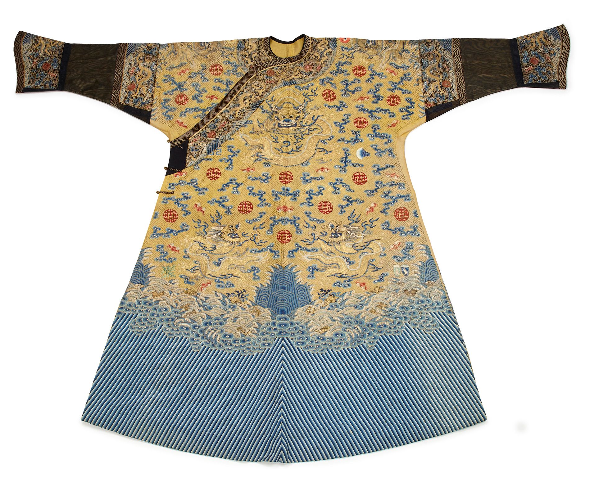 RARE DOWAGER EMPRESS CIXI IMPERIAL TWELVE-SYMBOL FESTIVE SUMMER 'DRAGON' ROBE (LONG PAO) | LATE QING DYNASTY | Sold for £73,250 incl premium
