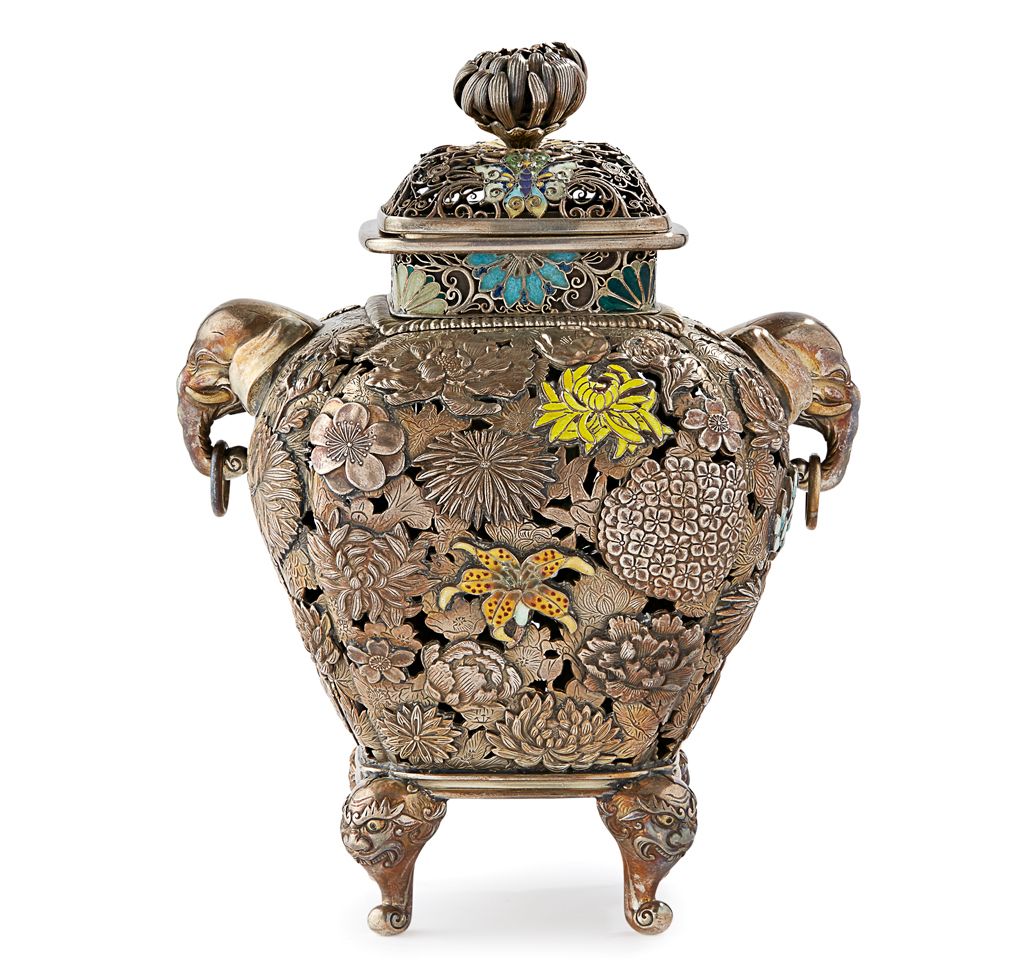 SILVER AND CLOISONNÉ ENAMEL 'MILLEFLEUR' CENSER AND COVER | MEIJI PERIOD | Sold for £8,125