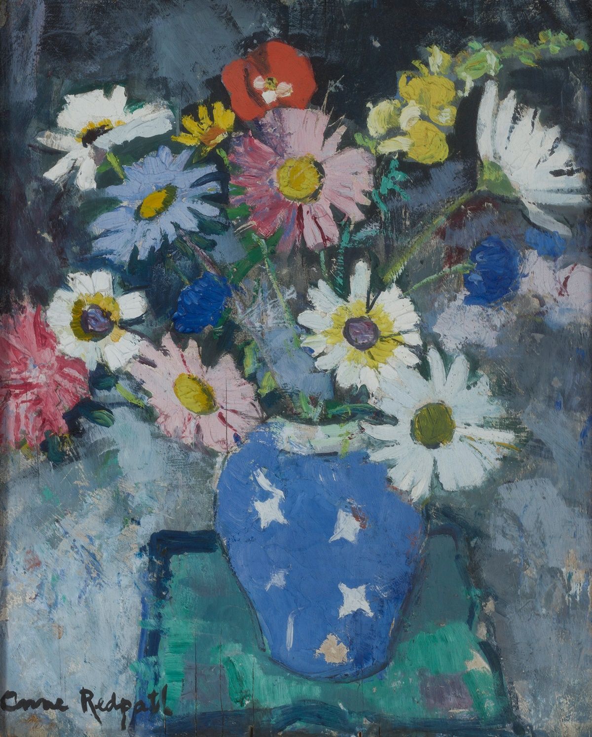 ANNE REDPATH O.B.E., R.S.A., A.R.A., L.L.D., A.R.W.S., R.O.I., R.B.A. (SCOTTISH 1895-1965) | MARGUERITES IN A BLUE AND WHITE VASE | Sold for £30,200*