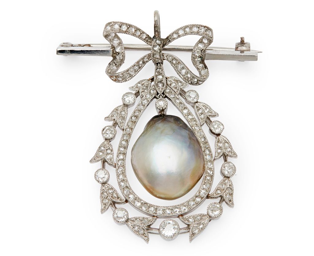 A NATURAL PEARL AND DIAMOND SET PENDANT BROOCH  Sold for £3,250