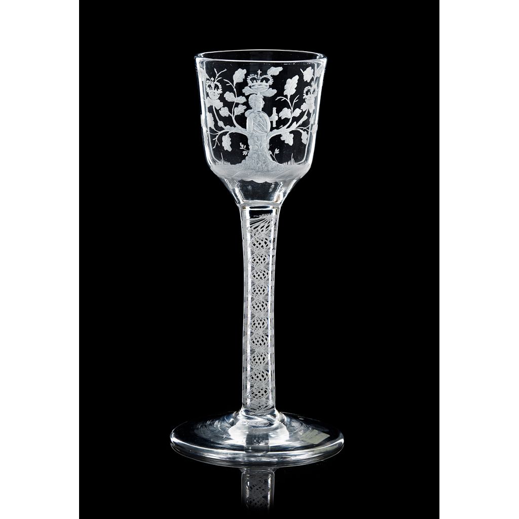A RARE BOSCOBEL OAK ENGRAVED JACOBITE WINE GLASS 18TH CENTURY  Sold for £10,625