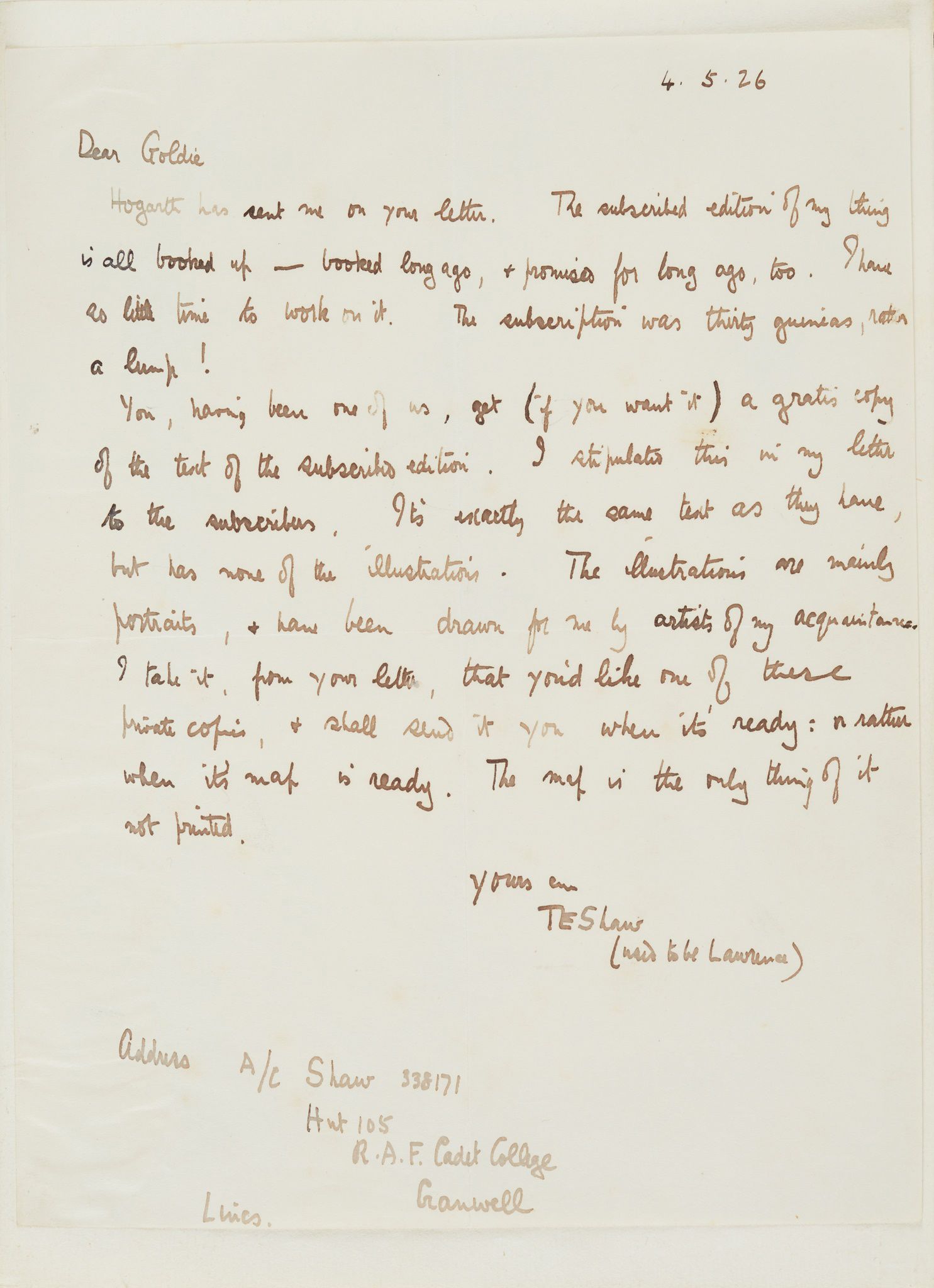 Autograph letter from Lawrence to Harry Goldie