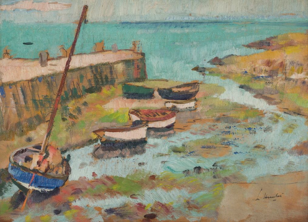 GEORGE LESLIE HUNTER (SCOTTISH 1879-1931) BOATS IN HARBOUR  Sold for £12,500