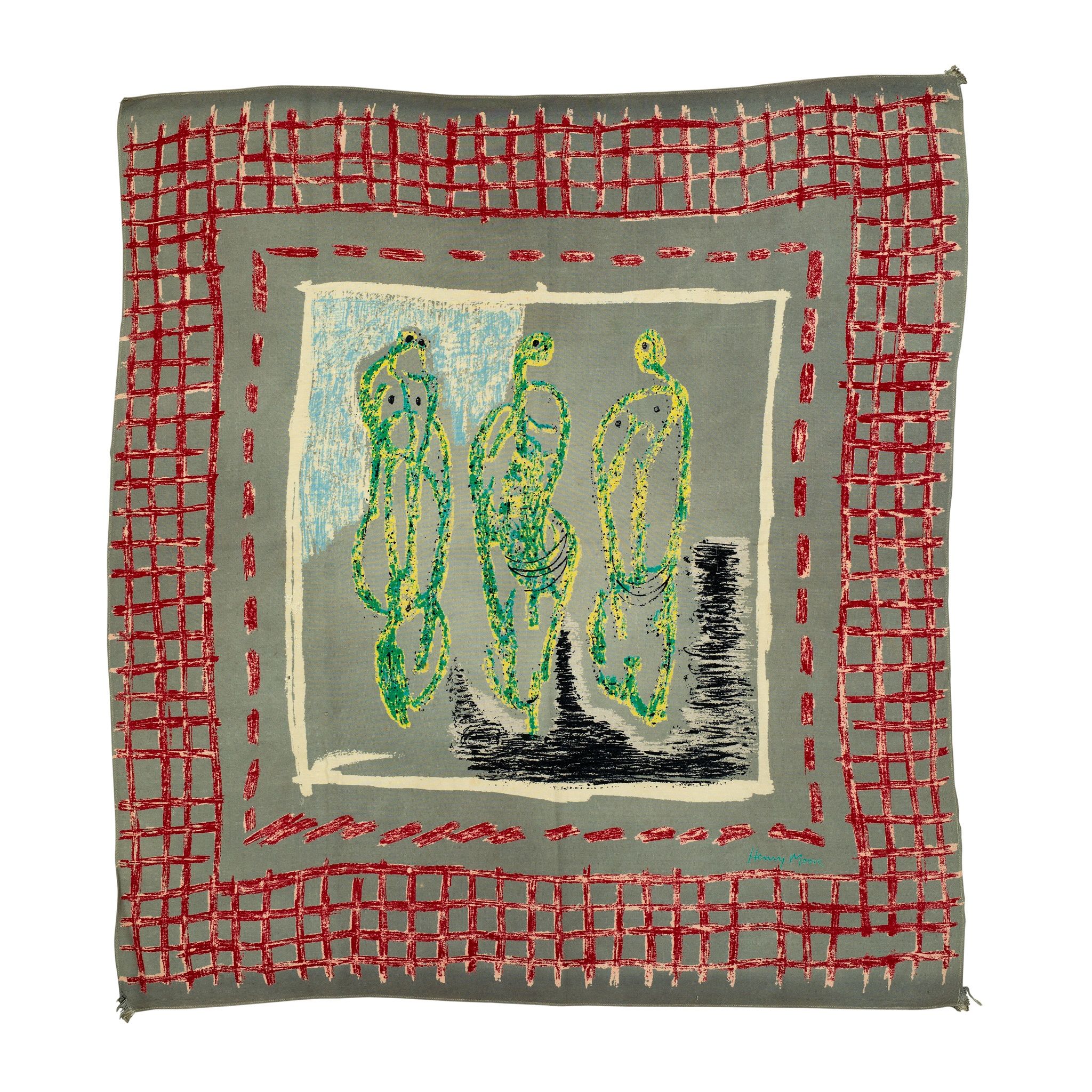 HENRY MOORE O.M.,C.H (BRITISH 1898-1986) FOR ASCHER LTD. | THREE STANDING FIGURES SCARF, CIRCA 1944 | Sold for £1,875