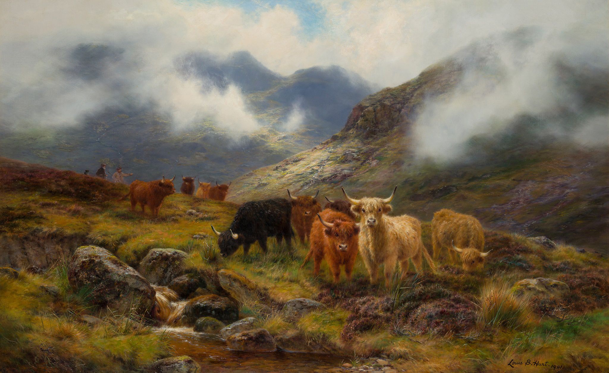 LOUIS BOSWORTH HURT (SCOTTISH 1856-1929) HIGHLAND CATTLE IN A MOUNTAIN GLEN  Sold for £28,750
