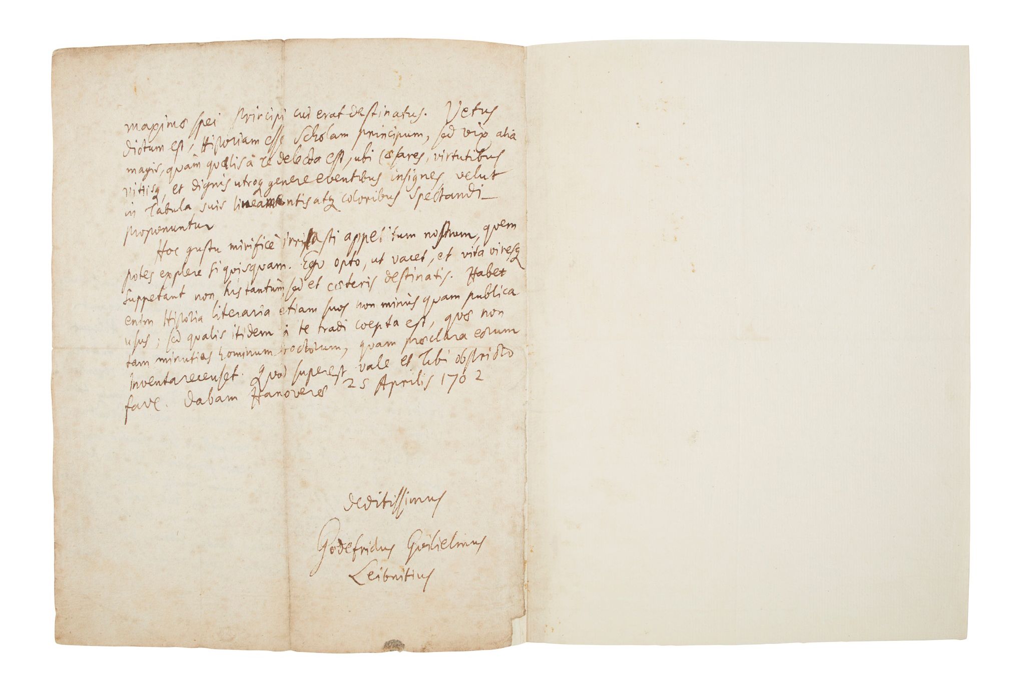 Leibniz, Gottfried Wilhelm (1646-1716) Autograph letter signed to William Wotton, Hanover, 25th April 1702 Sold for £17,640