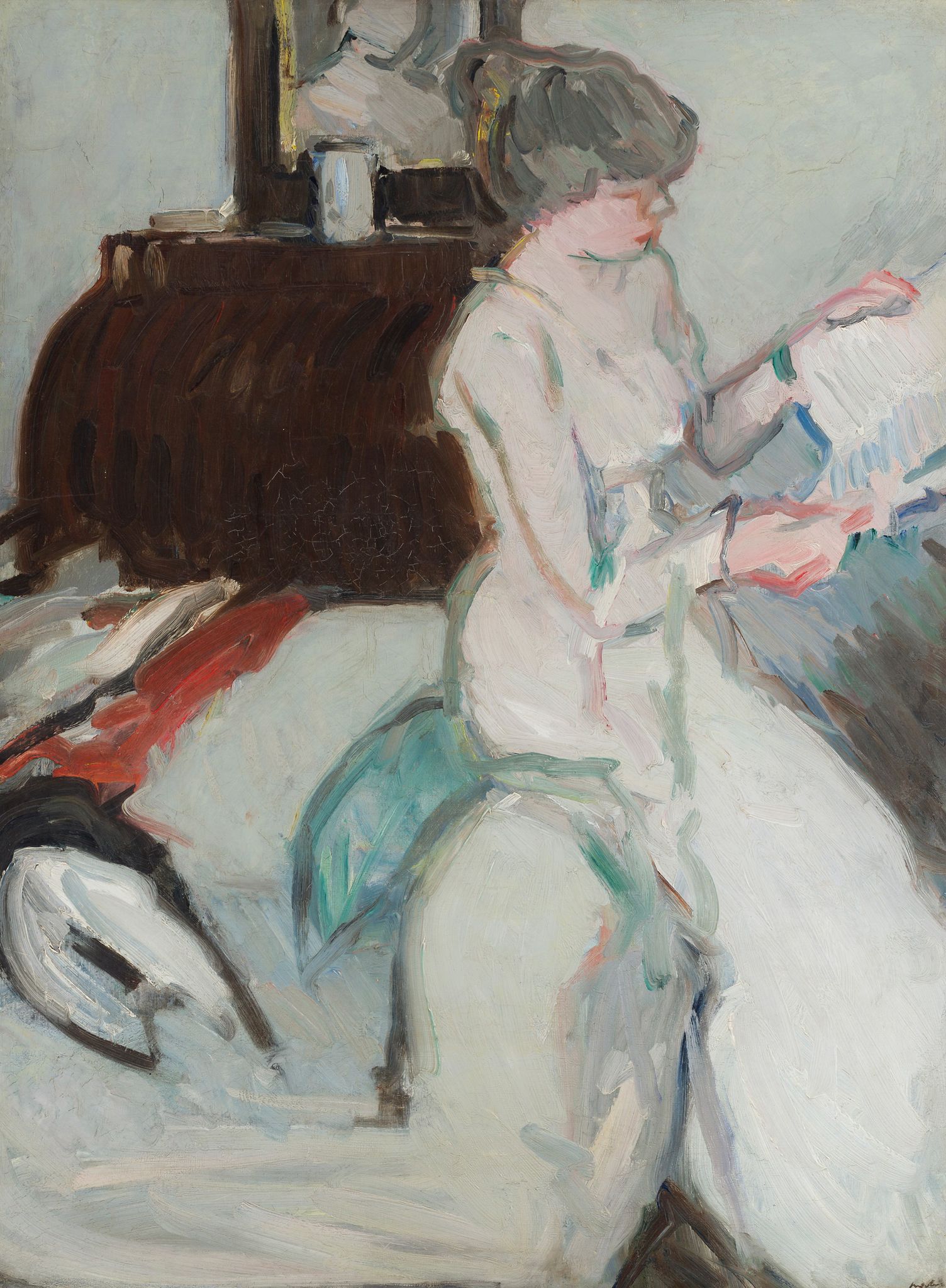 SAMUEL JOHN PEPLOE R.S.A (SCOTTISH 1871-1935) | INTERIOR WITH GIRL IN WHITE | Sold for £62,500*