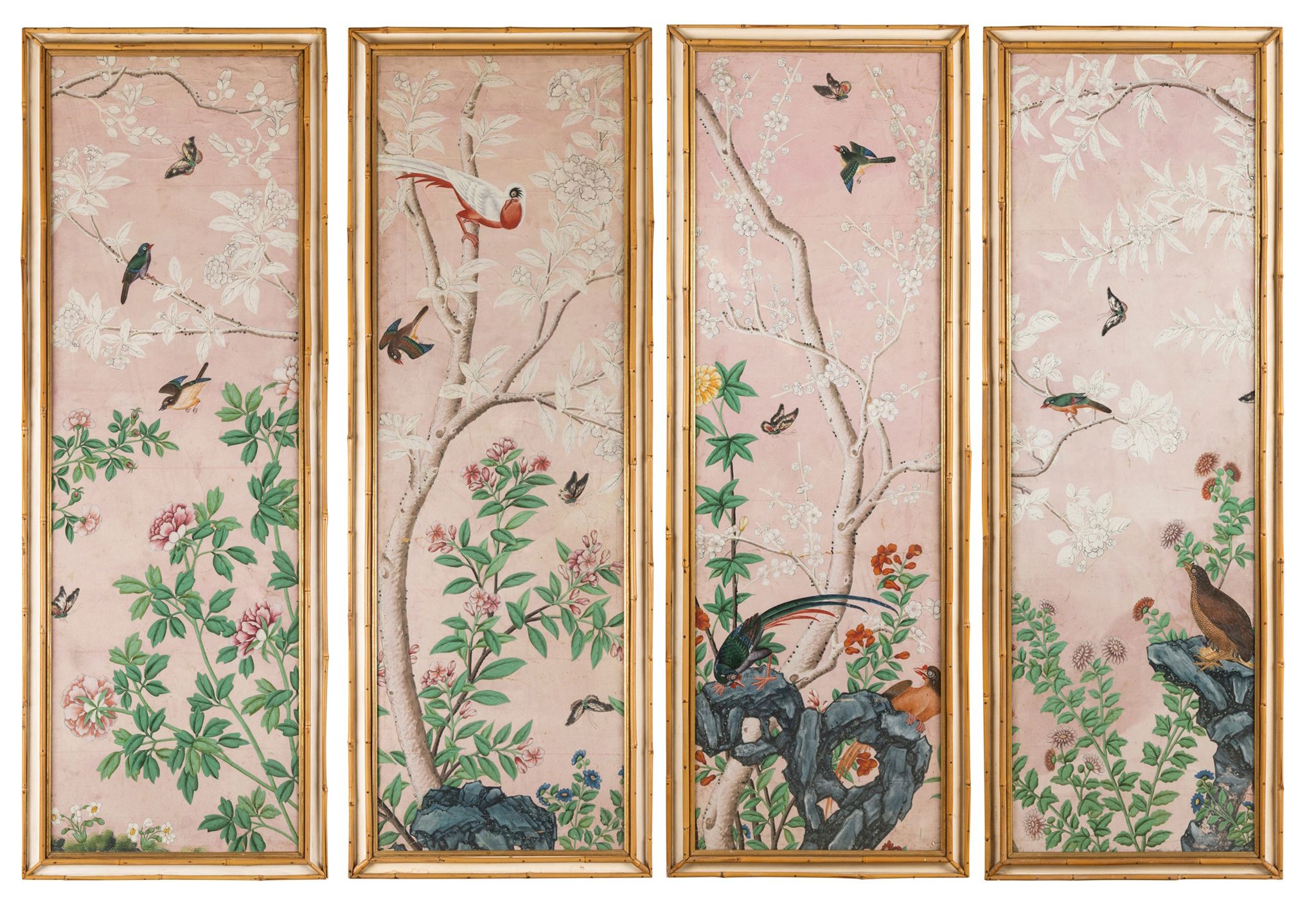 SET OF FOUR CHINESE EXPORT 'EXOTIC BIRDS' WALLPAPER PANELS | QING DYNASTY, 18TH-19TH CENTURY | 清 外銷壁紙花鳥圖 紙本設色 鏡框 （共四幅）| Sold for £3,024