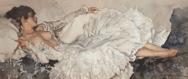 SIR WILLIAM RUSSELL FLINT P.R.A., P.R.W.S., R.S.W., R.O.I., R.E. (SCOTTISH 1880-1969) | THE SILVER FROCK | Sold for £32,500*